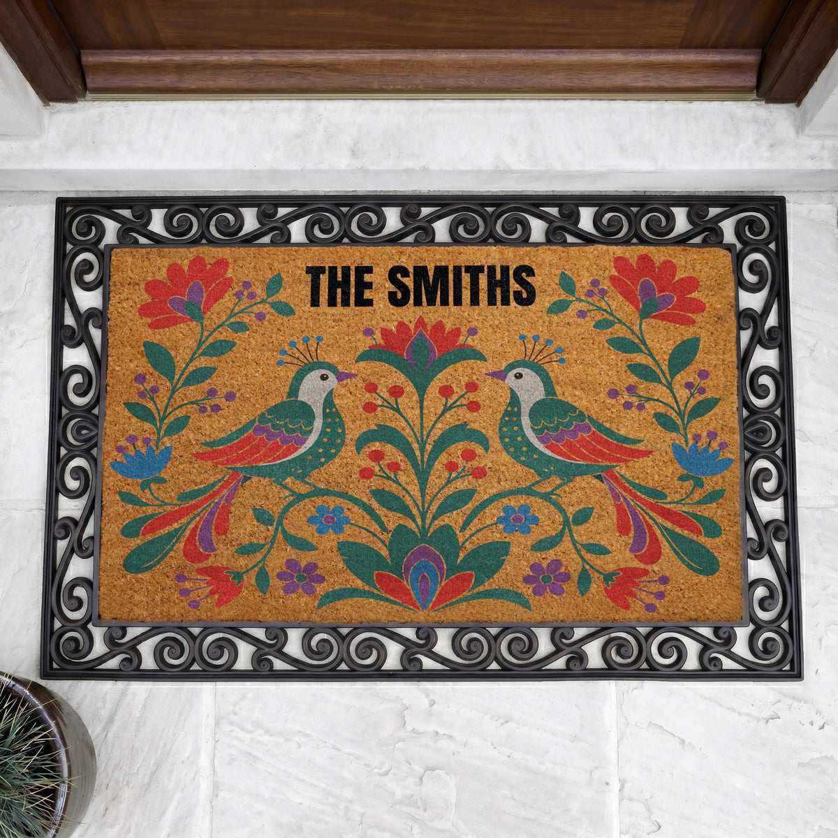 Personalized Folk Art Floral Bird Doormat, Custom Family Name Welcome Mat