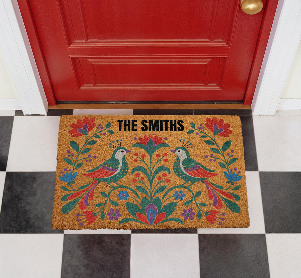 Personalized Folk Art Floral Bird Doormat, Custom Family Name Welcome Mat