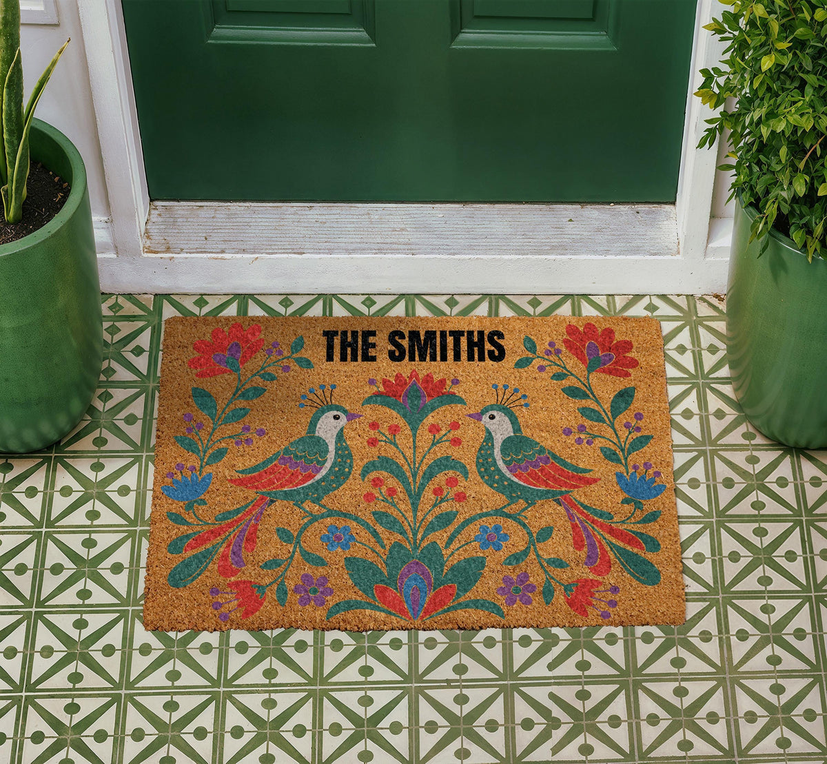 Personalized Folk Art Floral Bird Doormat, Custom Family Name Welcome Mat