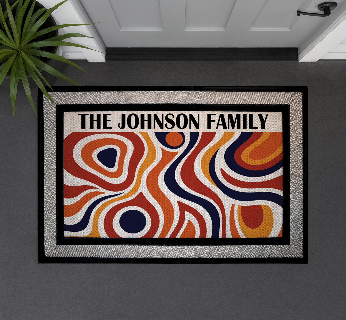 Custom Family Name Doormat, Retro Abstract Wavy Design, Mid Century Welcome Mat