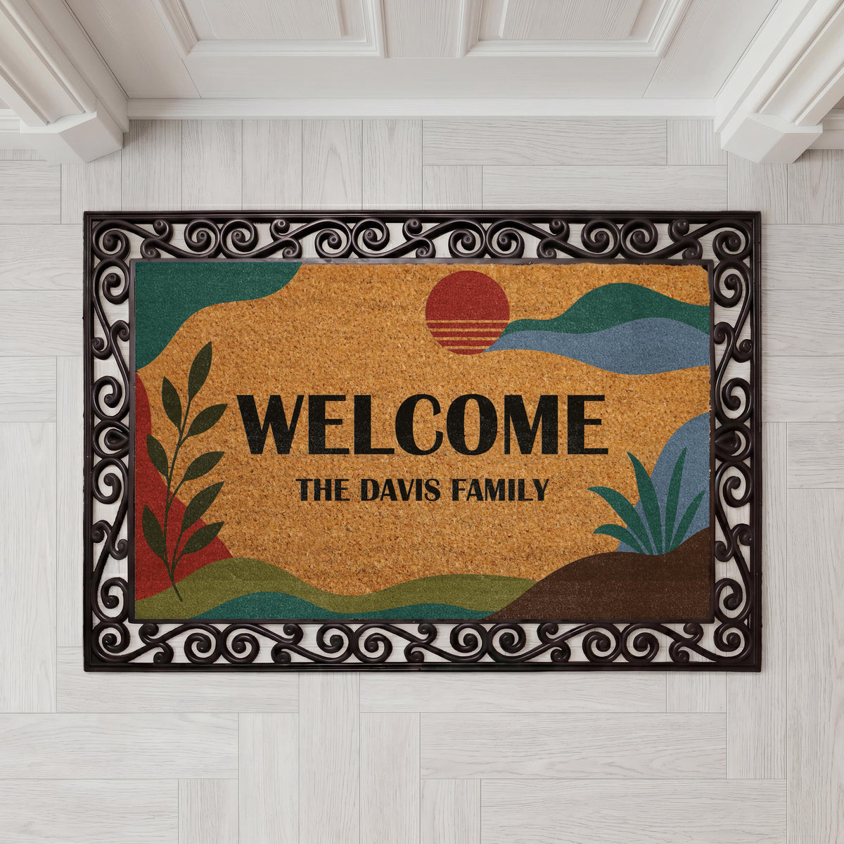 Personalized Boho Sunset Doormat, Mid Century Abstract Welcome Mat, Family Name Housewarming Gift