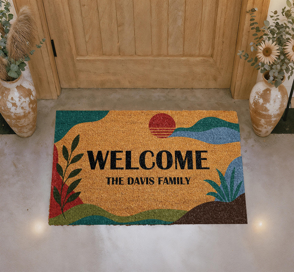 Personalized Boho Sunset Doormat, Mid Century Abstract Welcome Mat, Family Name Housewarming Gift