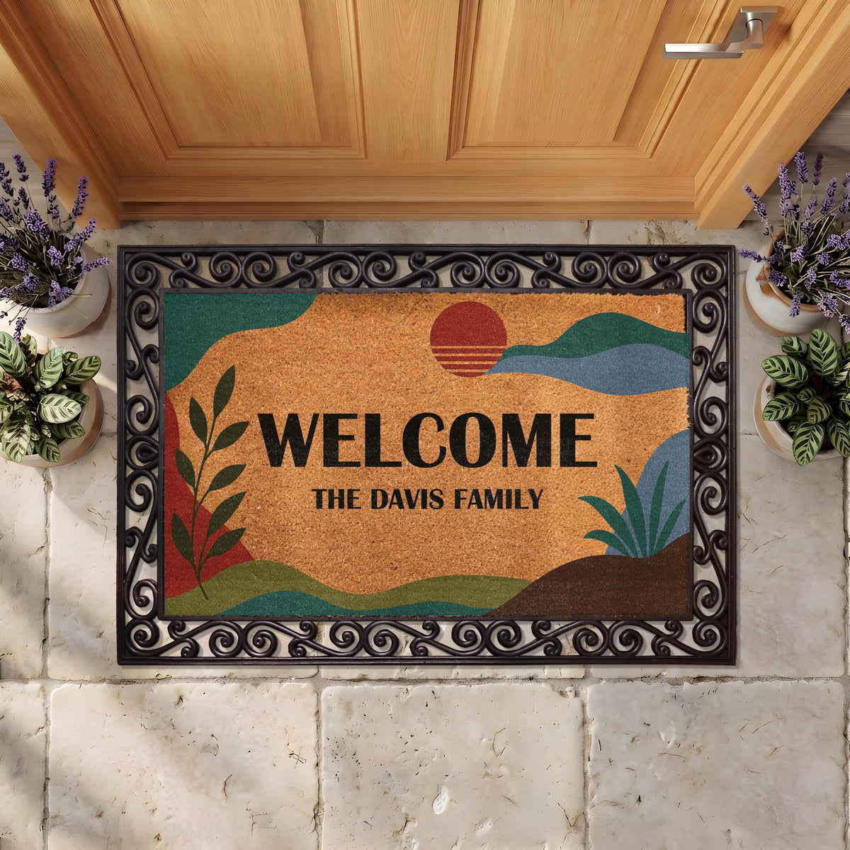 Personalized Boho Sunset Doormat, Mid Century Abstract Welcome Mat, Family Name Housewarming Gift
