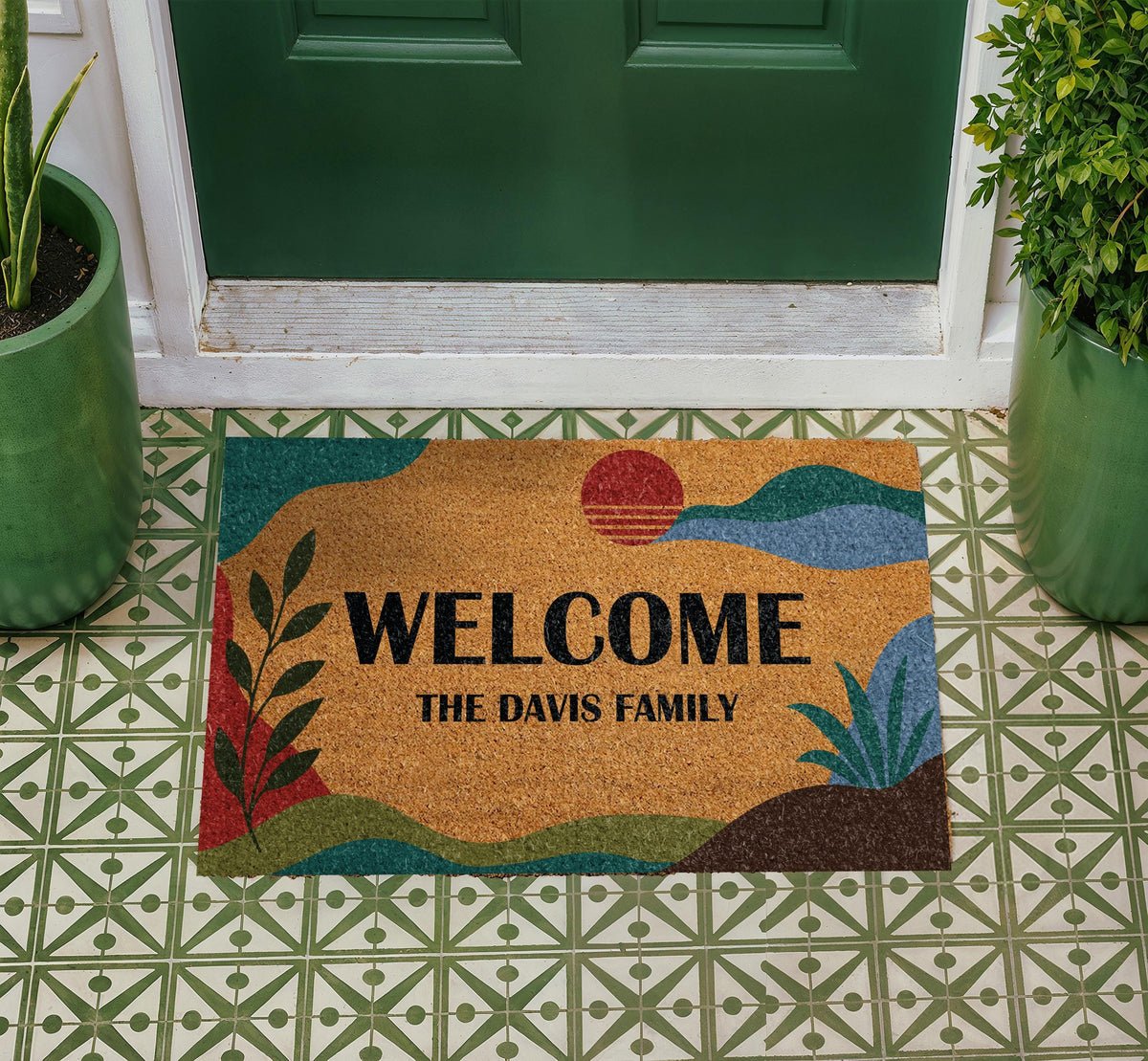 Personalized Boho Sunset Doormat, Mid Century Abstract Welcome Mat, Family Name Housewarming Gift