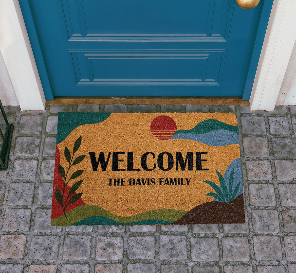 Personalized Boho Sunset Doormat, Mid Century Abstract Welcome Mat, Family Name Housewarming Gift