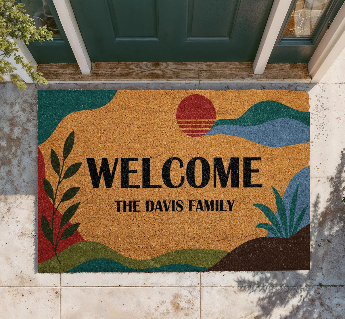 Personalized Boho Sunset Doormat, Mid Century Abstract Welcome Mat, Family Name Housewarming Gift