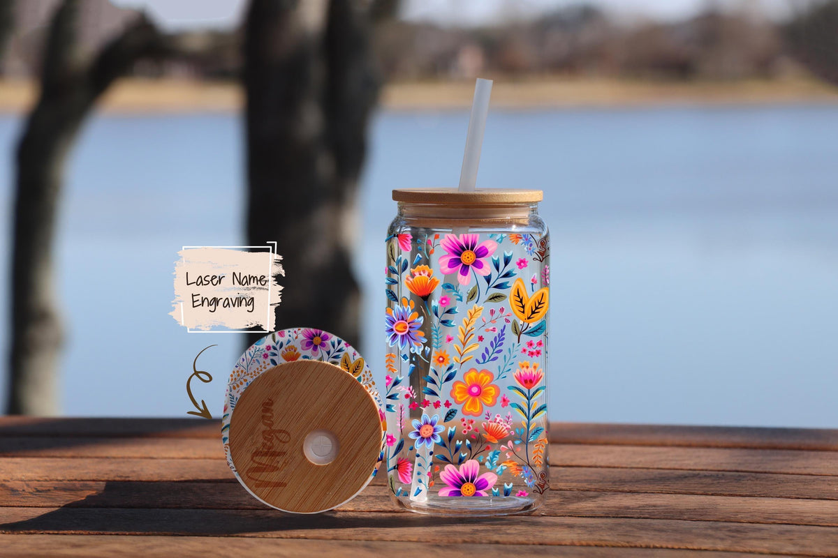 Personalized Flower Glass Tumbler, Custom Iced Coffee Cup, Nature Lovers Eco Friendly Cup Gift