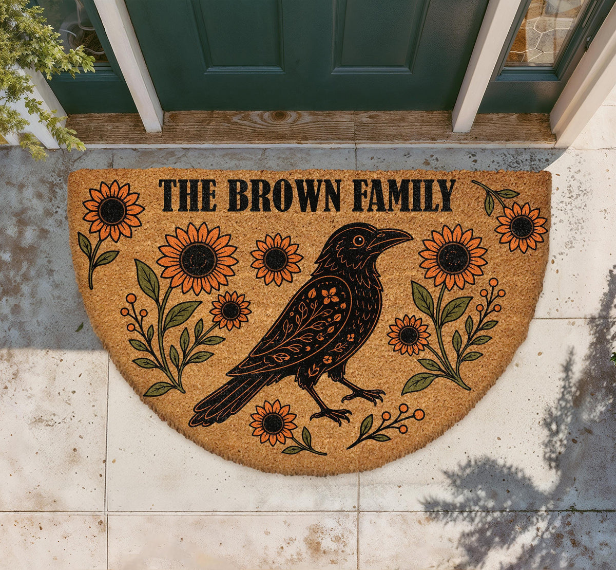 Personalized Raven Sunflower Doormat, Folk Art Crow Welcome Mat, Floral Family Name Entrance Decor
