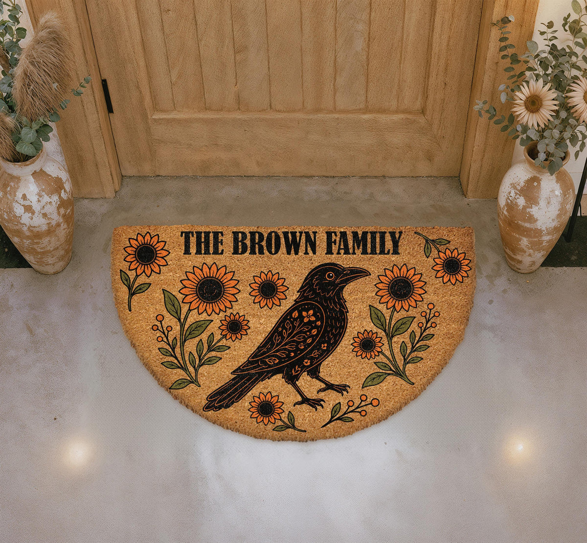 Personalized Raven Sunflower Doormat, Folk Art Crow Welcome Mat, Floral Family Name Entrance Decor