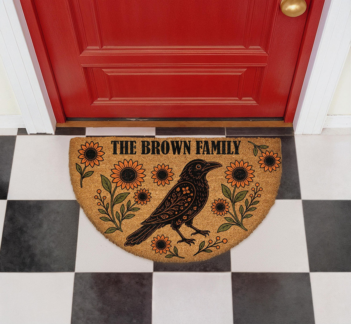 Personalized Raven Sunflower Doormat, Folk Art Crow Welcome Mat, Floral Family Name Entrance Decor