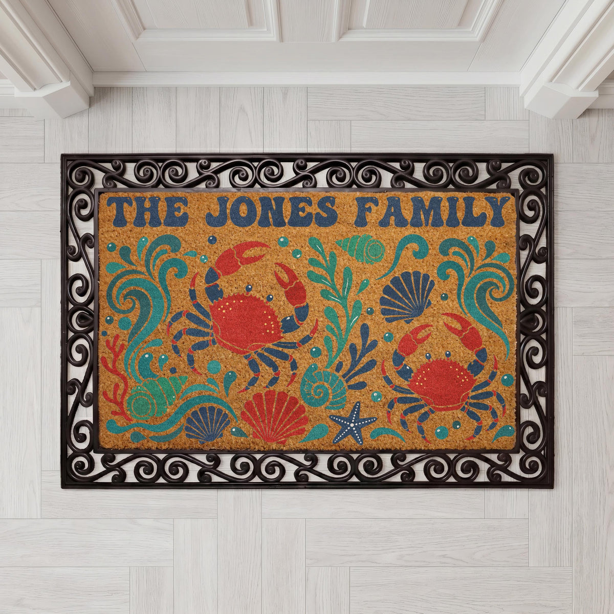 Personalized Coastal Crab Doormat, Nautical Beach House Welcome Mat
