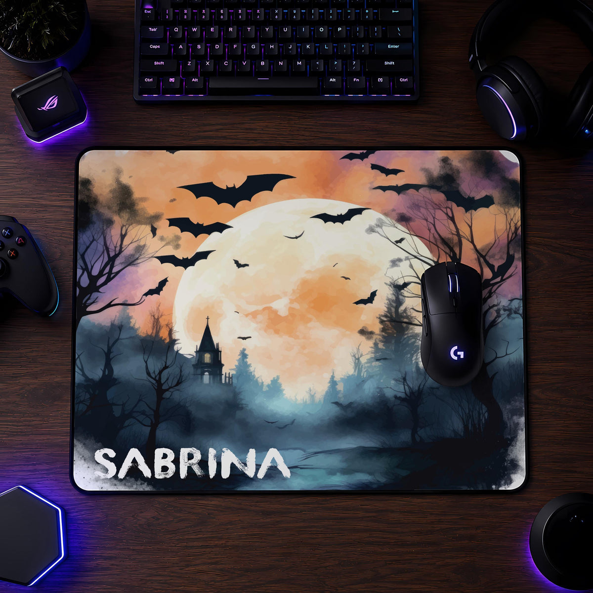 Personalized Halloween Desk Mat, Spooky Bat Forest Mouse Pad, Gothic Gamer Accessory