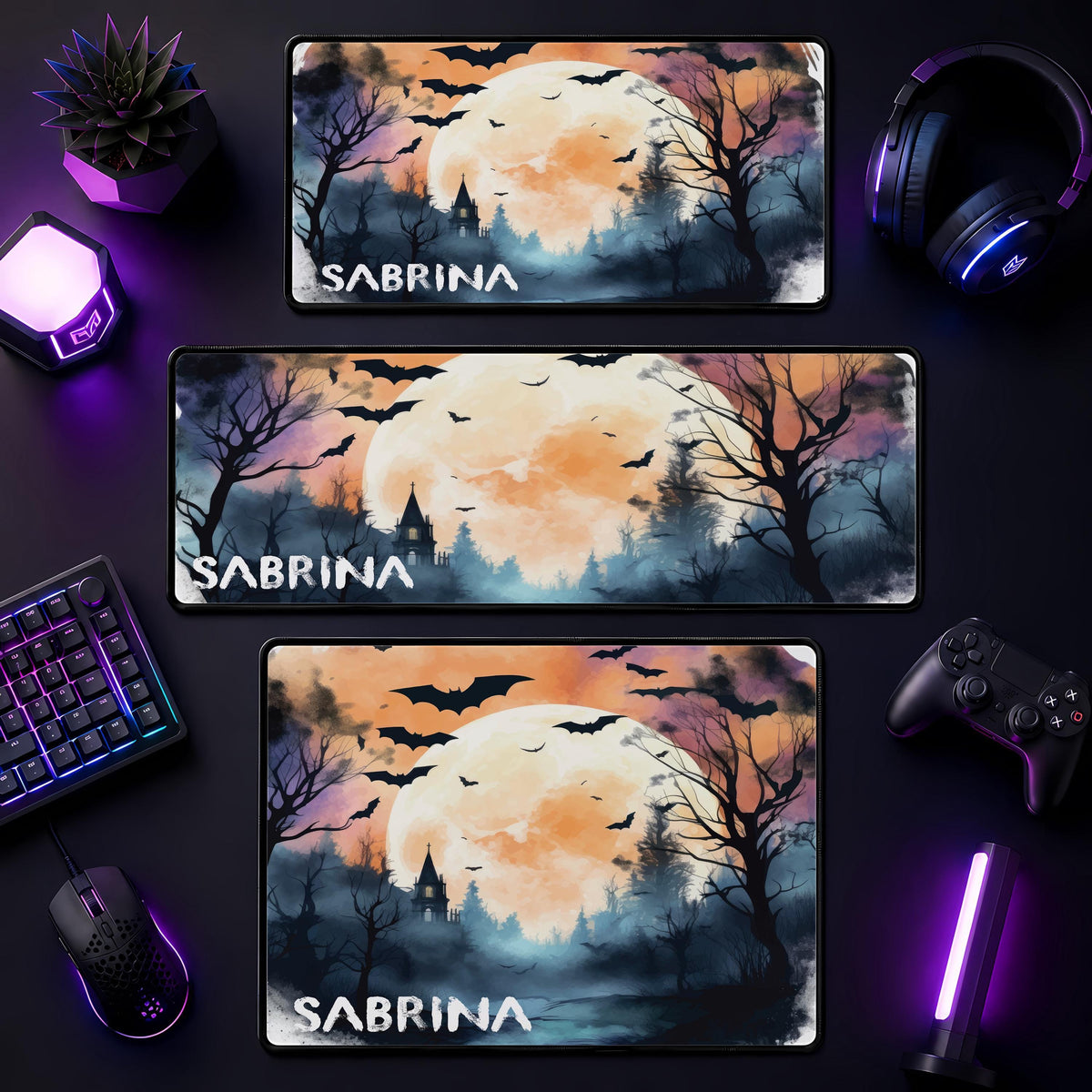 Personalized Halloween Desk Mat, Spooky Bat Forest Mouse Pad, Gothic Gamer Accessory