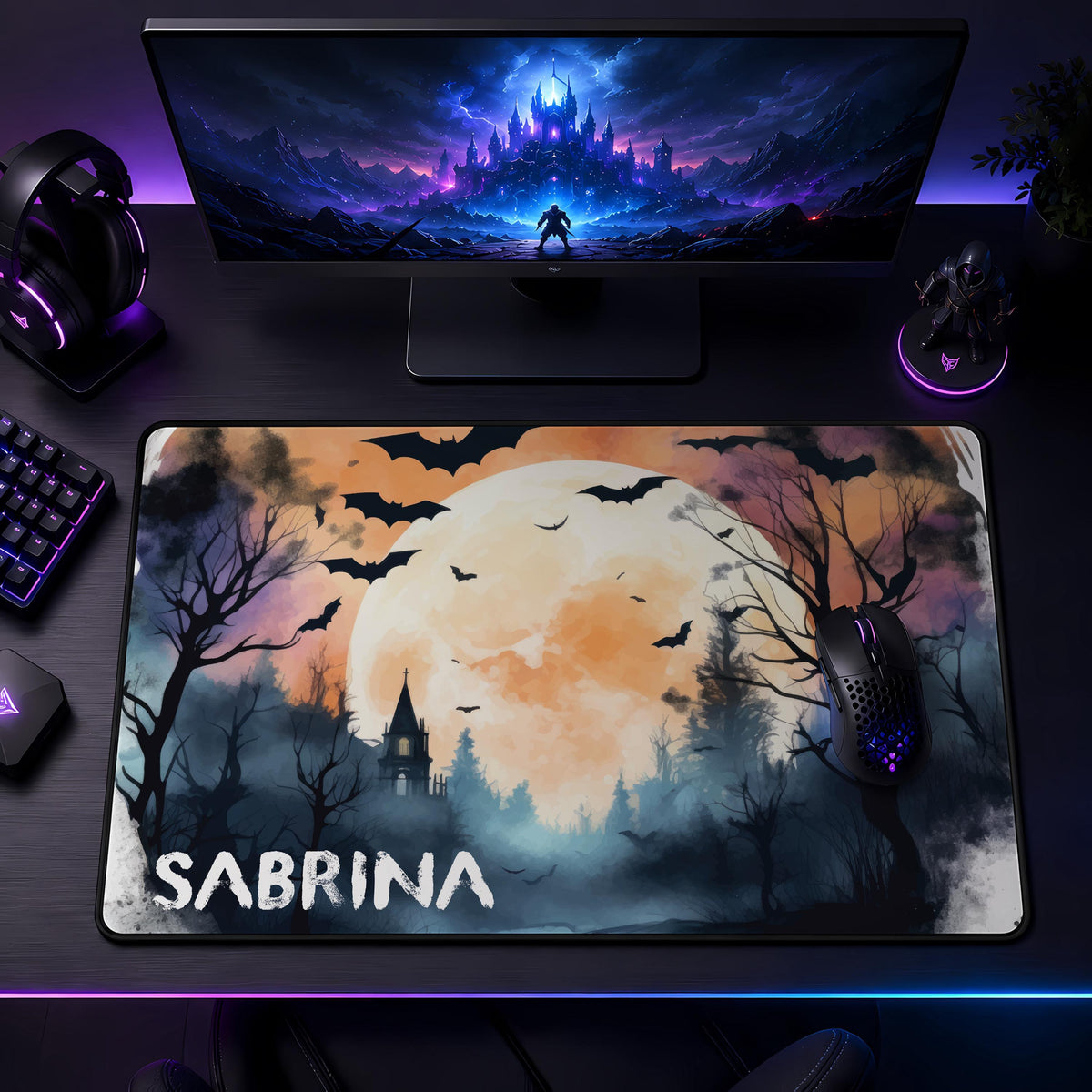 Personalized Halloween Desk Mat, Spooky Bat Forest Mouse Pad, Gothic Gamer Accessory