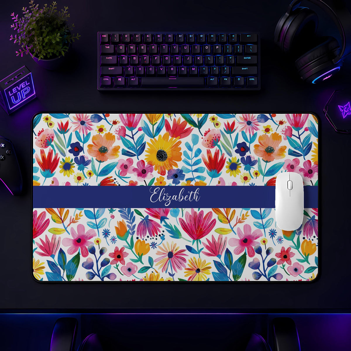 Personalized Floral Desk Mat, Watercolor Flowers Mouse Pad, Vibrant Spring Accessory