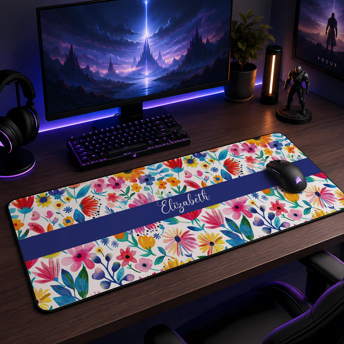 Personalized Floral Desk Mat, Watercolor Flowers Mouse Pad, Vibrant Spring Accessory