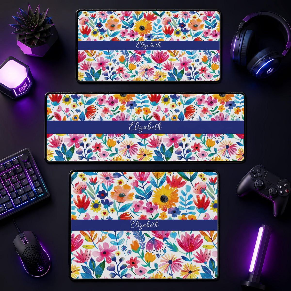 Personalized Floral Desk Mat, Watercolor Flowers Mouse Pad, Vibrant Spring Accessory