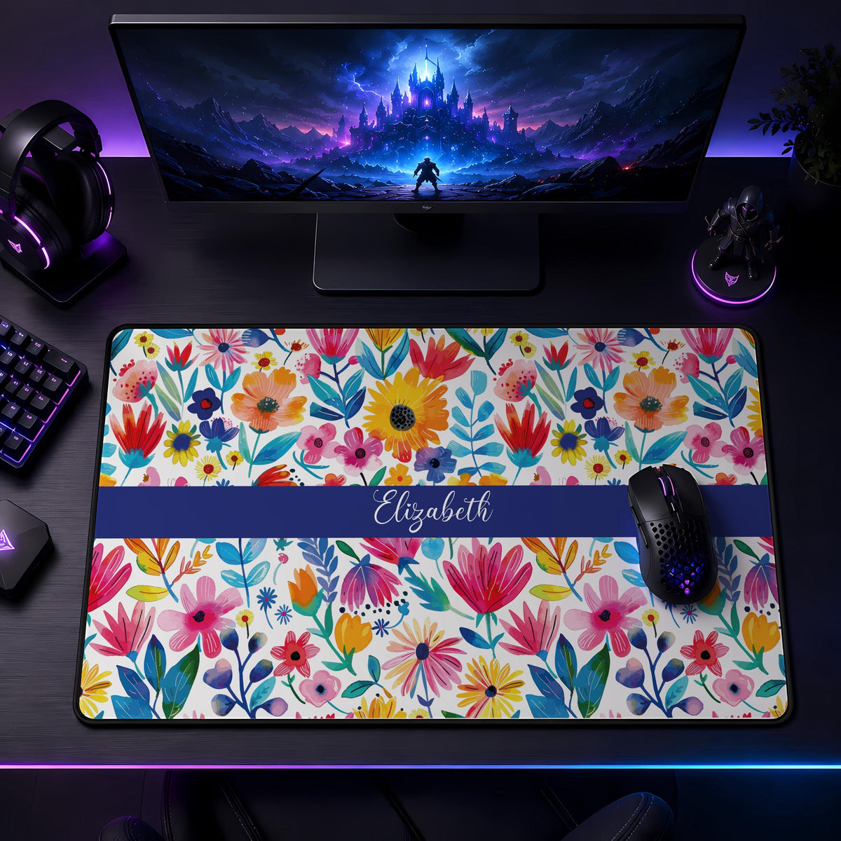 Personalized Floral Desk Mat, Watercolor Flowers Mouse Pad, Vibrant Spring Accessory