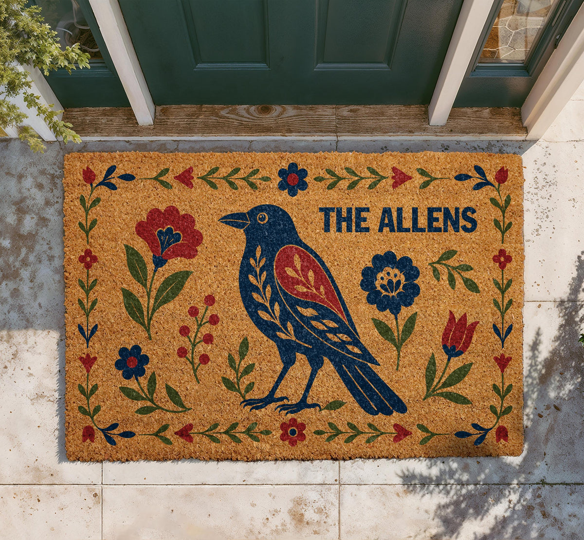 Personalized Folk Art Raven Doormat, Scandinavian Floral Welcome Mat, Boho Porch Decor