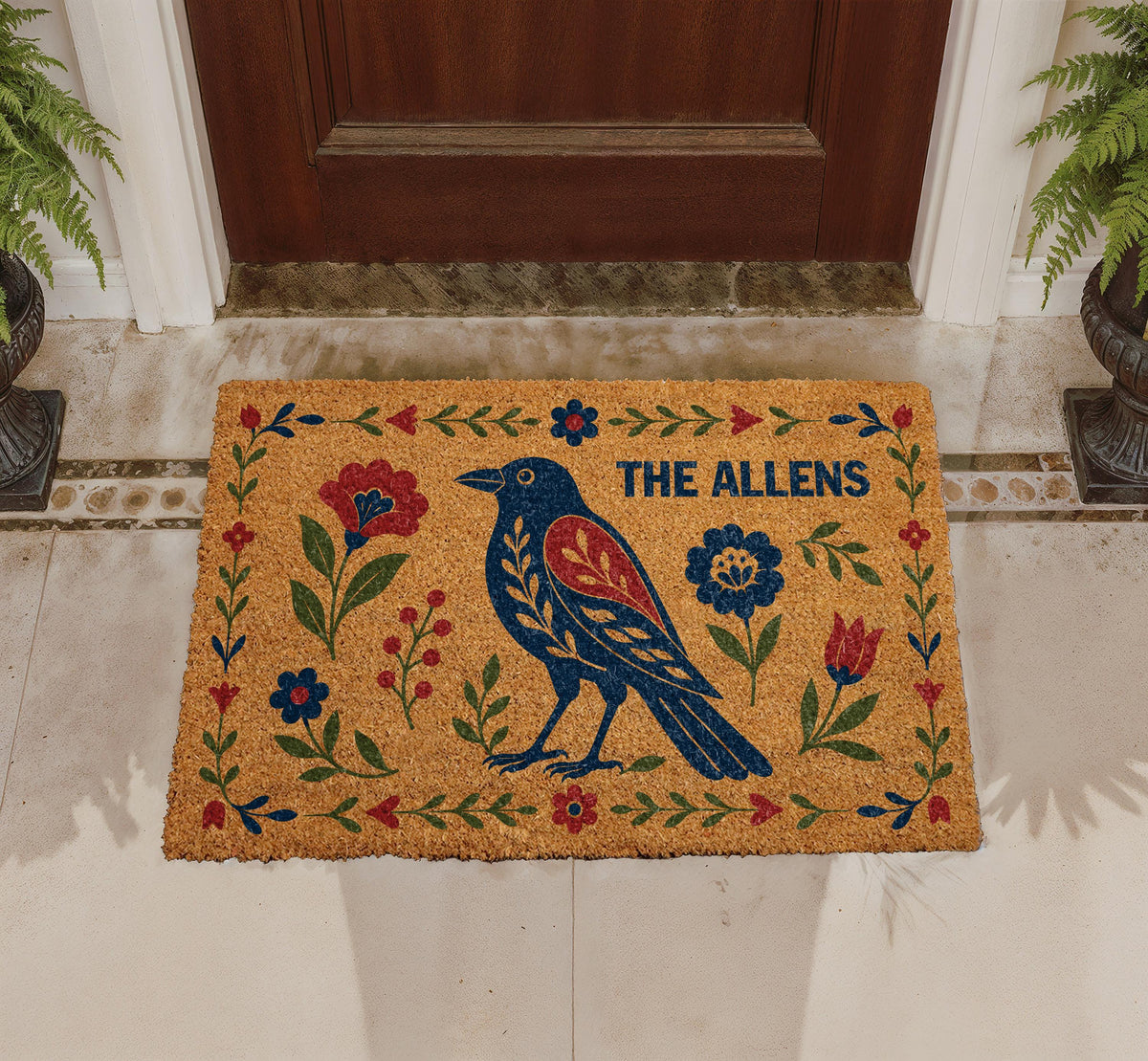 Personalized Folk Art Raven Doormat, Scandinavian Floral Welcome Mat, Boho Porch Decor