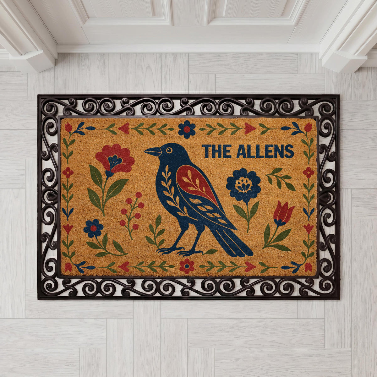 Personalized Folk Art Raven Doormat, Scandinavian Floral Welcome Mat, Boho Porch Decor