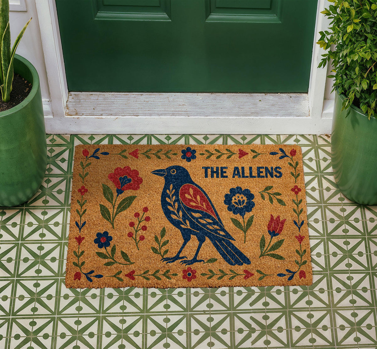 Personalized Folk Art Raven Doormat, Scandinavian Floral Welcome Mat, Boho Porch Decor