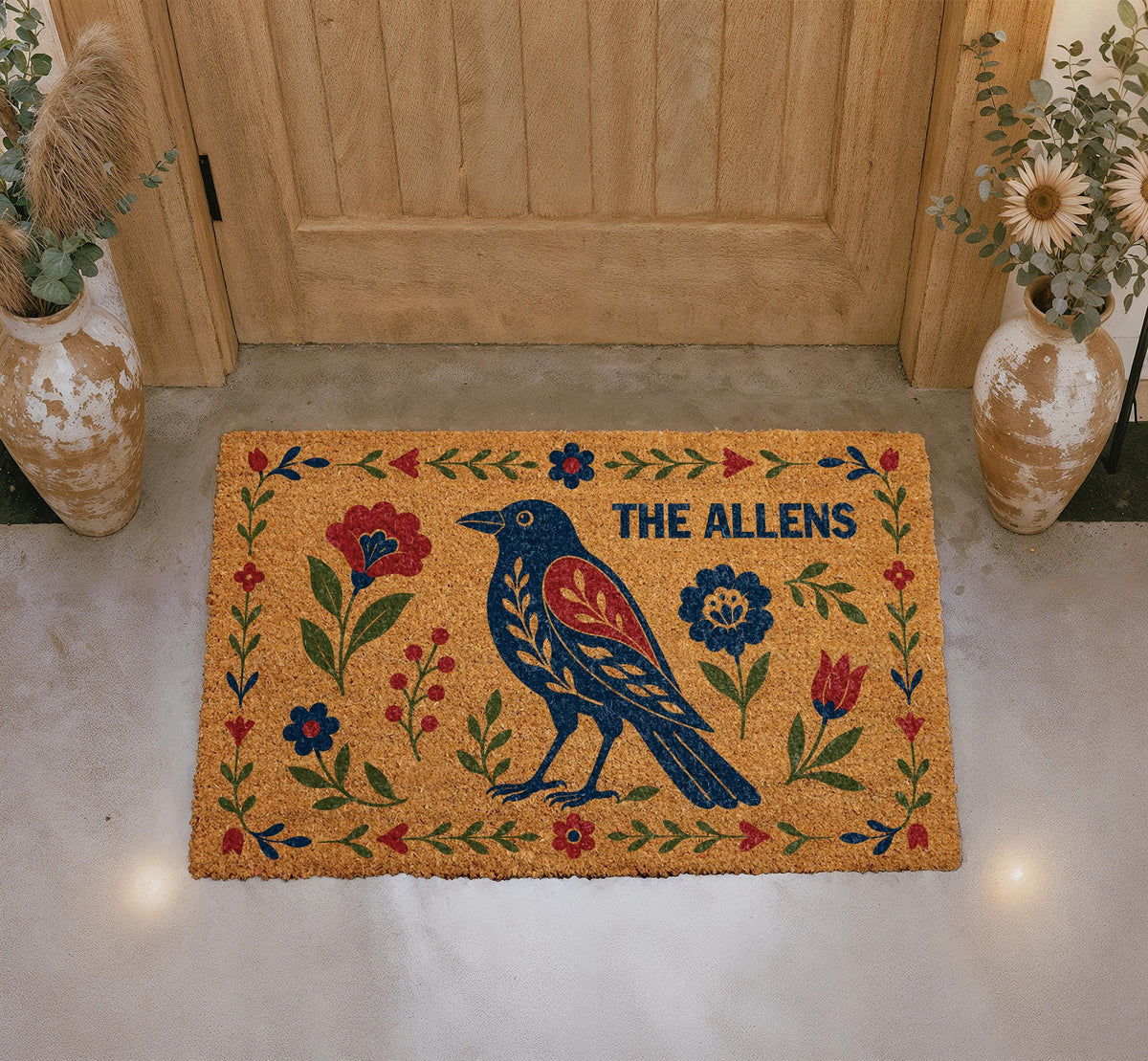 Personalized Folk Art Raven Doormat, Scandinavian Floral Welcome Mat, Boho Porch Decor