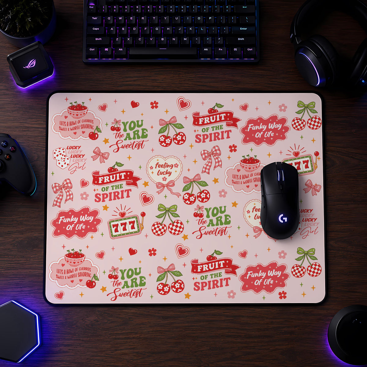 Lucky Cherry Desk Mat, Fruit of the Spirit, Coquette Office Decor, Gaming Mousepad