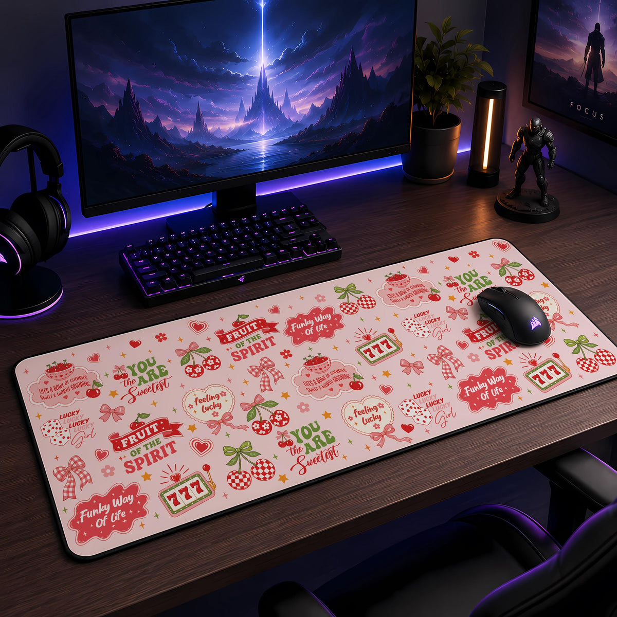 Lucky Cherry Desk Mat, Fruit of the Spirit, Coquette Office Decor, Gaming Mousepad