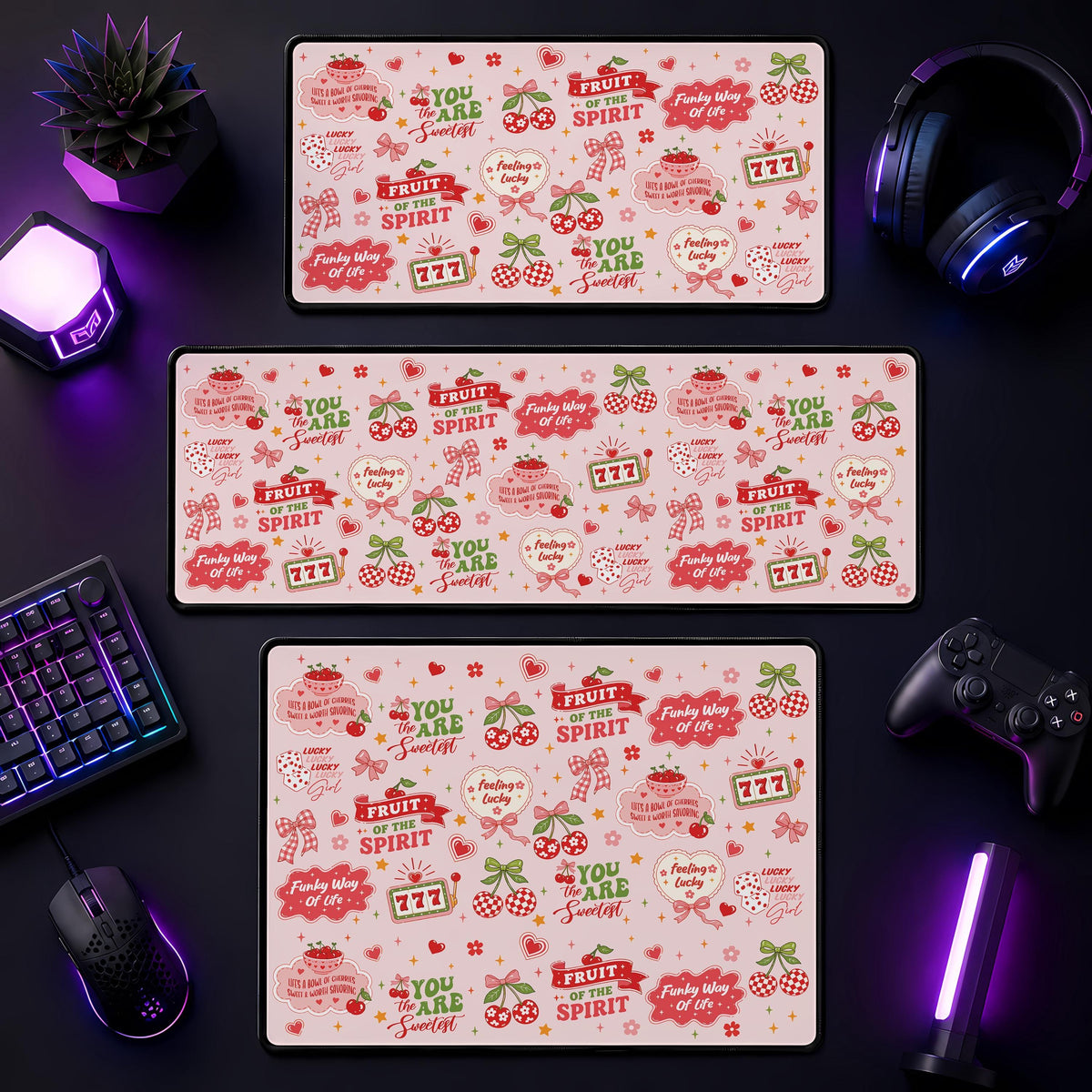 Lucky Cherry Desk Mat, Fruit of the Spirit, Coquette Office Decor, Gaming Mousepad