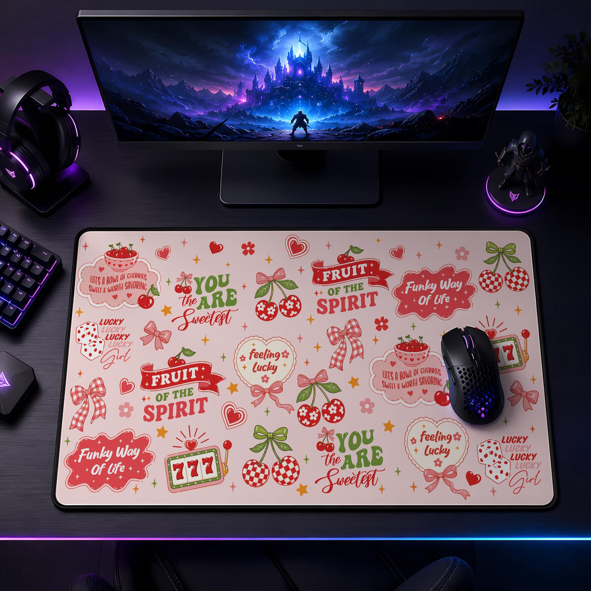 Lucky Cherry Desk Mat, Fruit of the Spirit, Coquette Office Decor, Gaming Mousepad