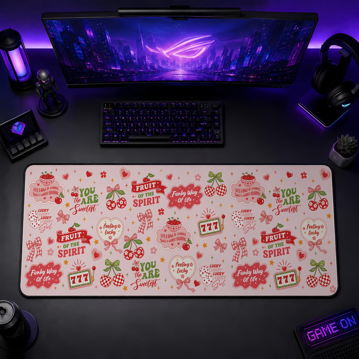 Lucky Cherry Desk Mat, Fruit of the Spirit, Coquette Office Decor, Gaming Mousepad