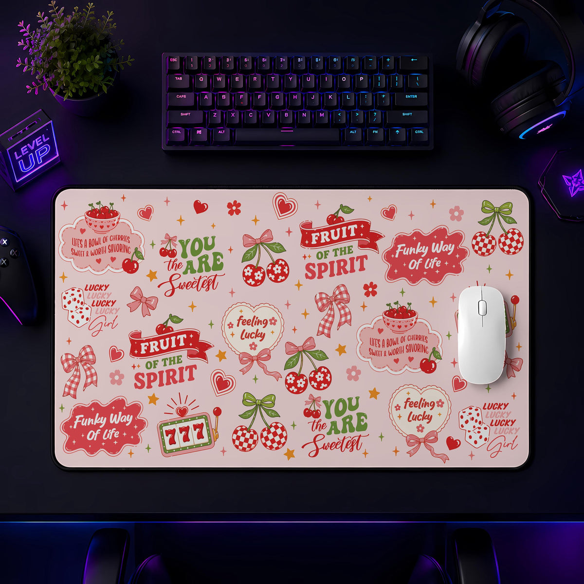 Lucky Cherry Desk Mat, Fruit of the Spirit, Coquette Office Decor, Gaming Mousepad