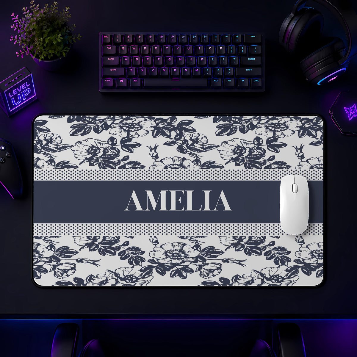 Personalized Floral Desk Mat, Toile Office Decor, Custom Name Mouse Pad