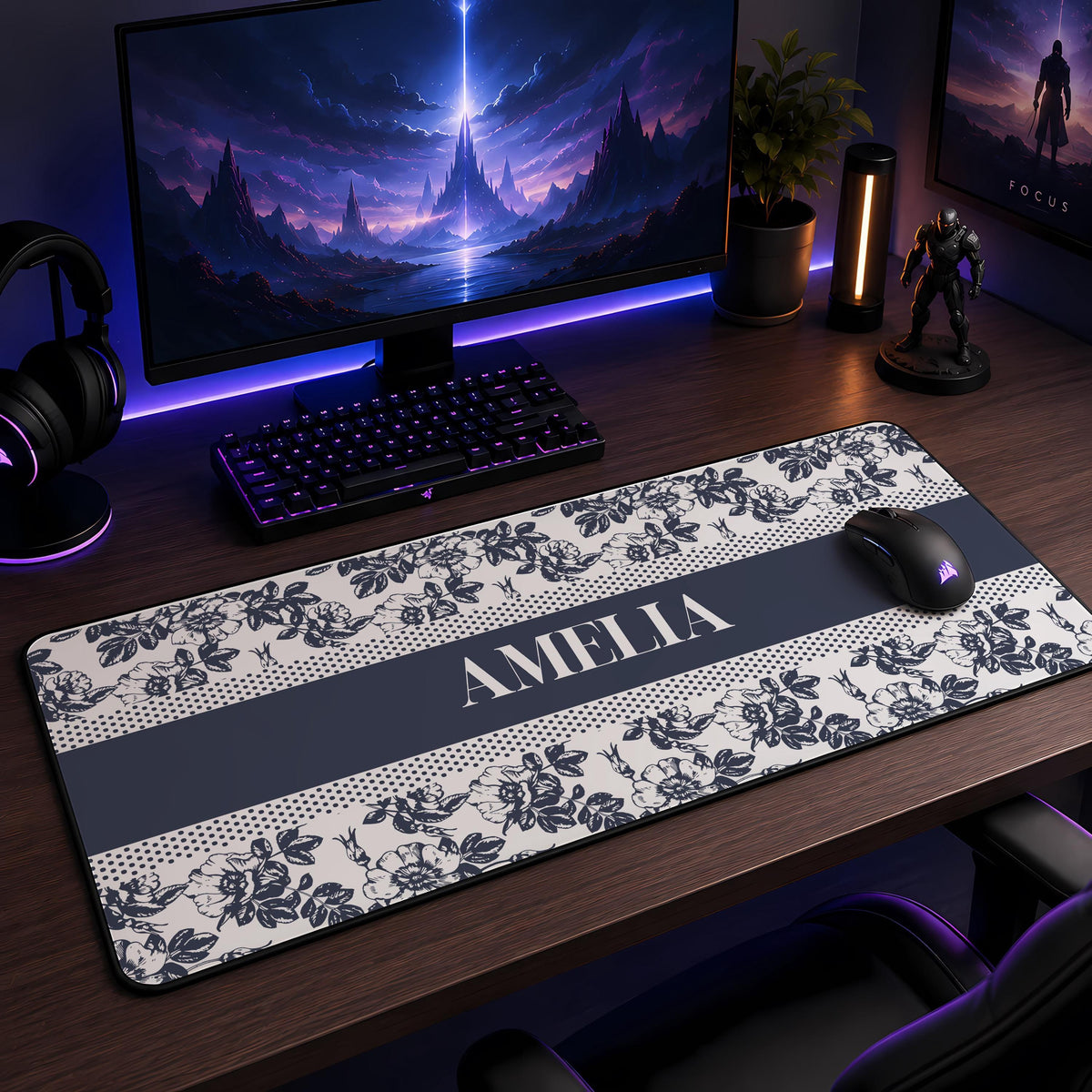 Personalized Floral Desk Mat, Toile Office Decor, Custom Name Mouse Pad