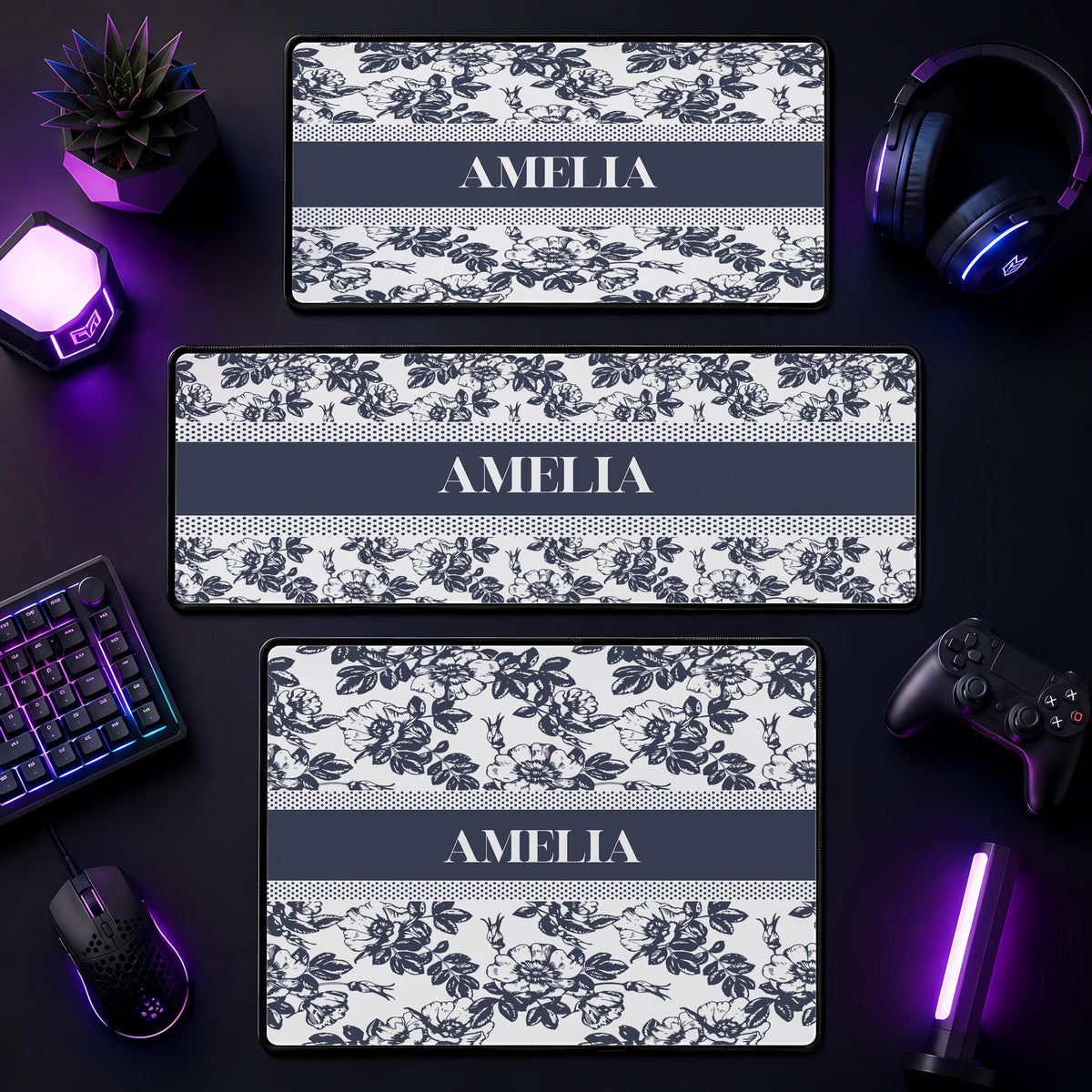 Personalized Floral Desk Mat, Toile Office Decor, Custom Name Mouse Pad