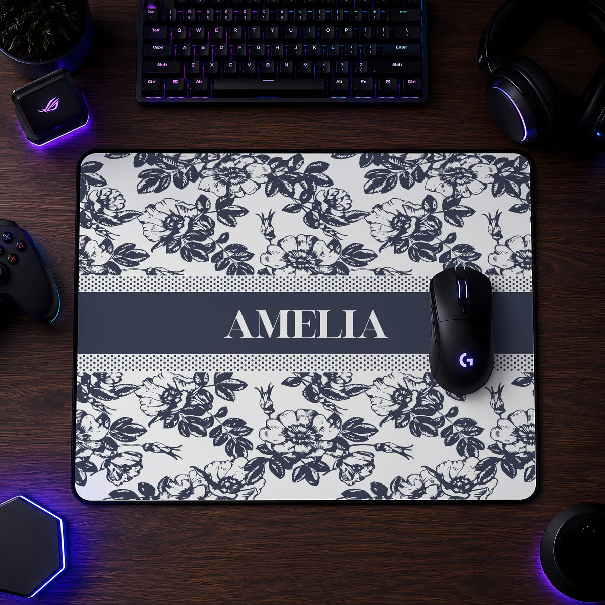 Personalized Floral Desk Mat, Toile Office Decor, Custom Name Mouse Pad