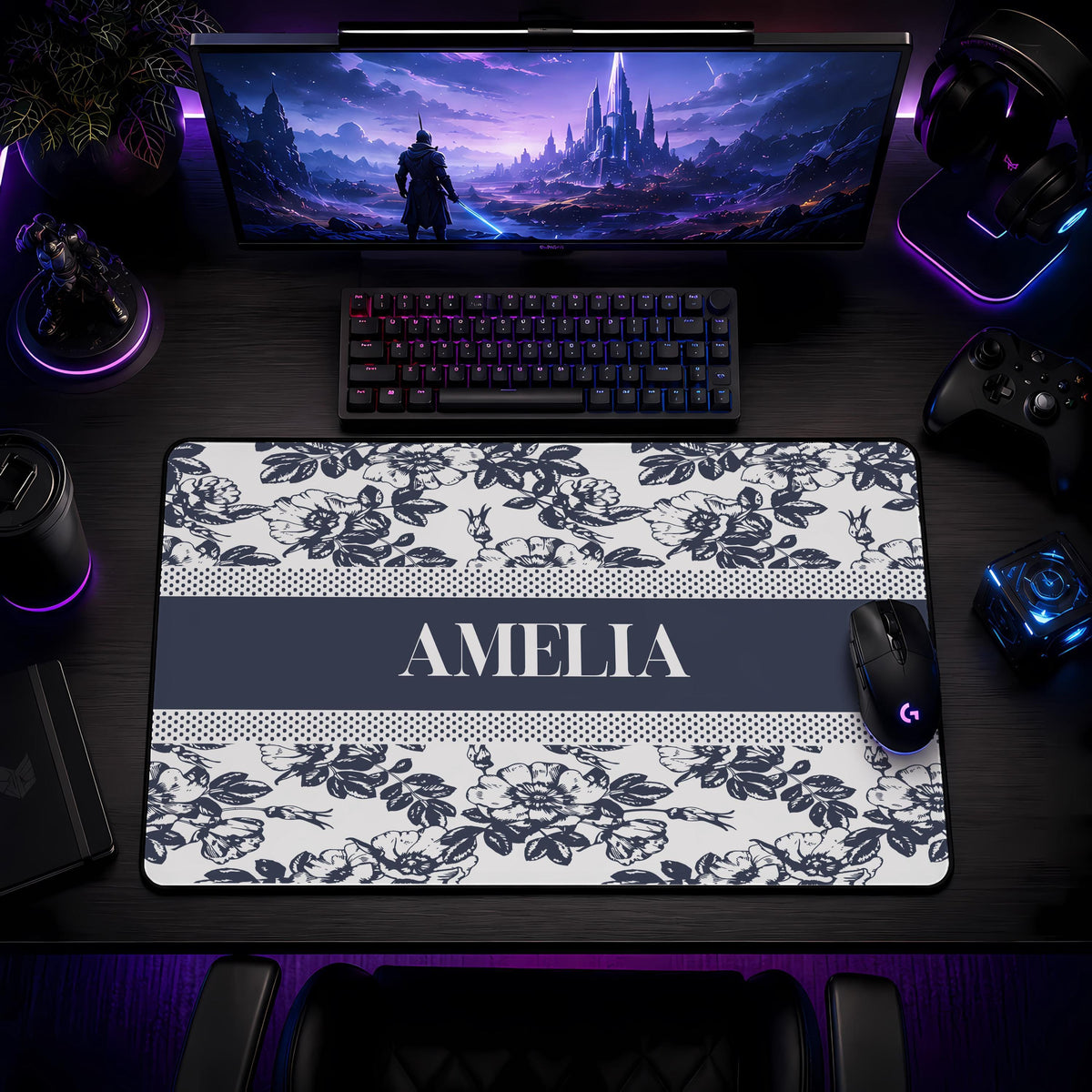 Personalized Floral Desk Mat, Toile Office Decor, Custom Name Mouse Pad