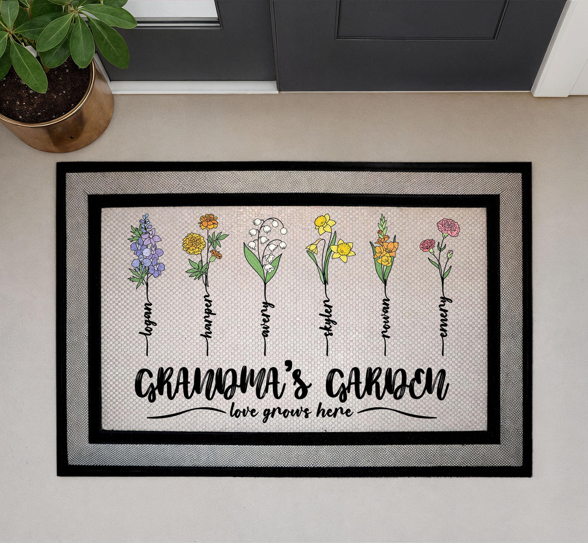 Custom Grandma's Garden Doormat, Personalized Grandkids Name Mat, Birth Month Flower Coir Rug