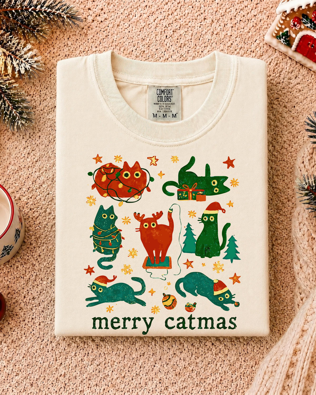 Merry Catmas Comfort Colors® T-Shirt, Cat Mom Xmas Tee, Cat Lover Holiday Gift