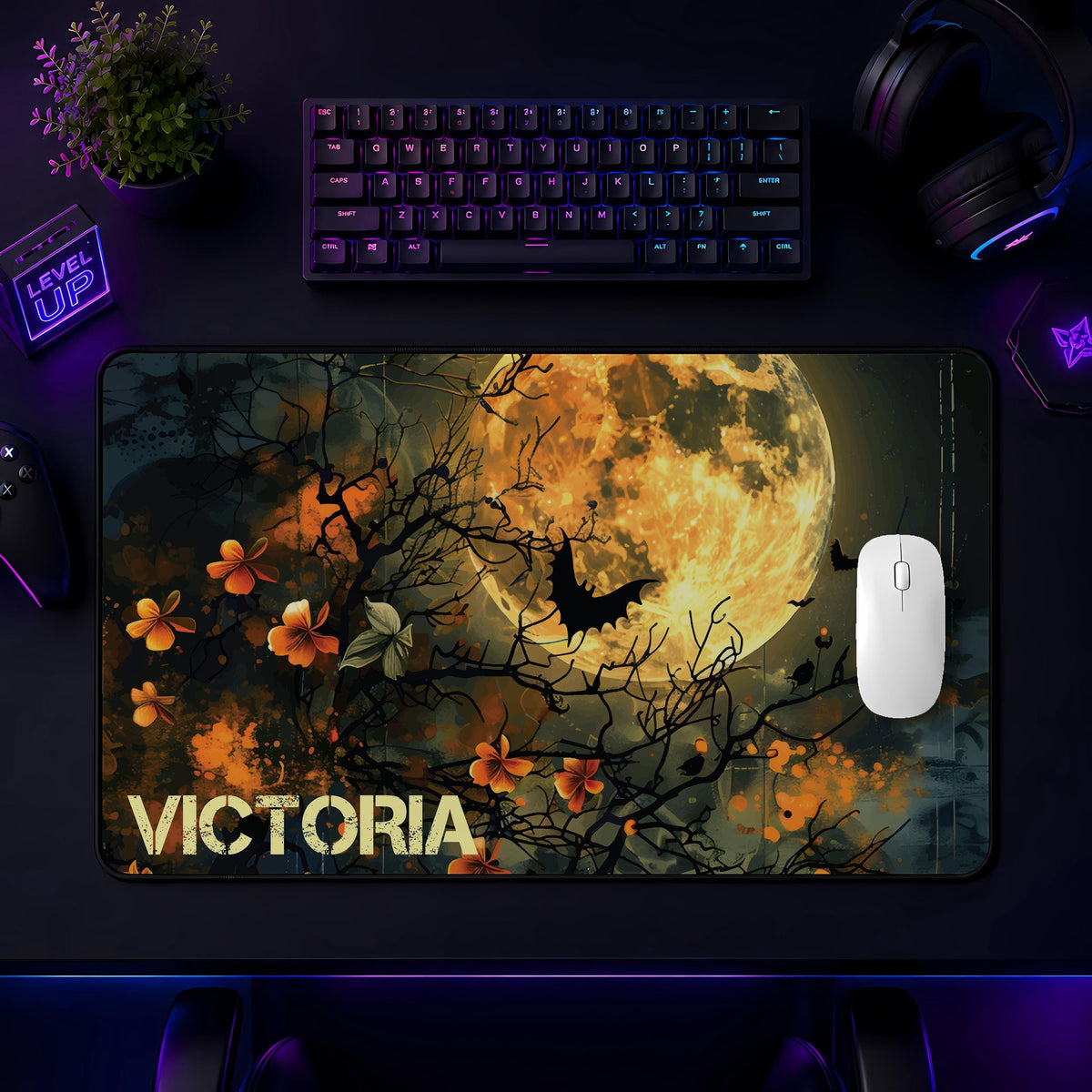 Personalized Halloween Desk Mat, Spooky Full Moon Mouse Pad, Gothic Workspace Accessory