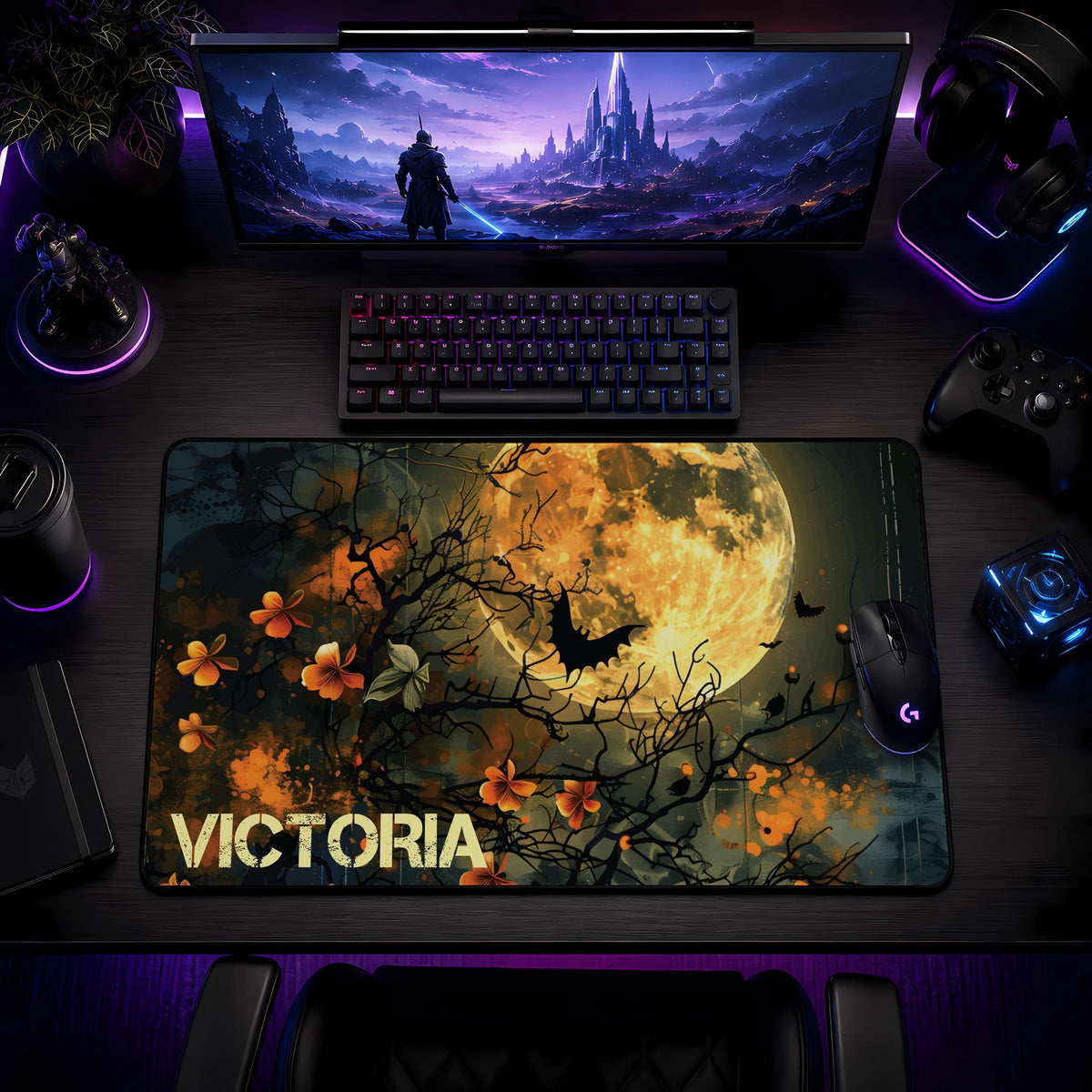 Personalized Halloween Desk Mat, Spooky Full Moon Mouse Pad, Gothic Workspace Accessory