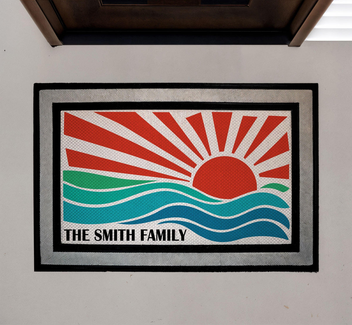 Personalized Sunset Wave Doormat, Coastal Family Welcome Mat, Beach House Decor