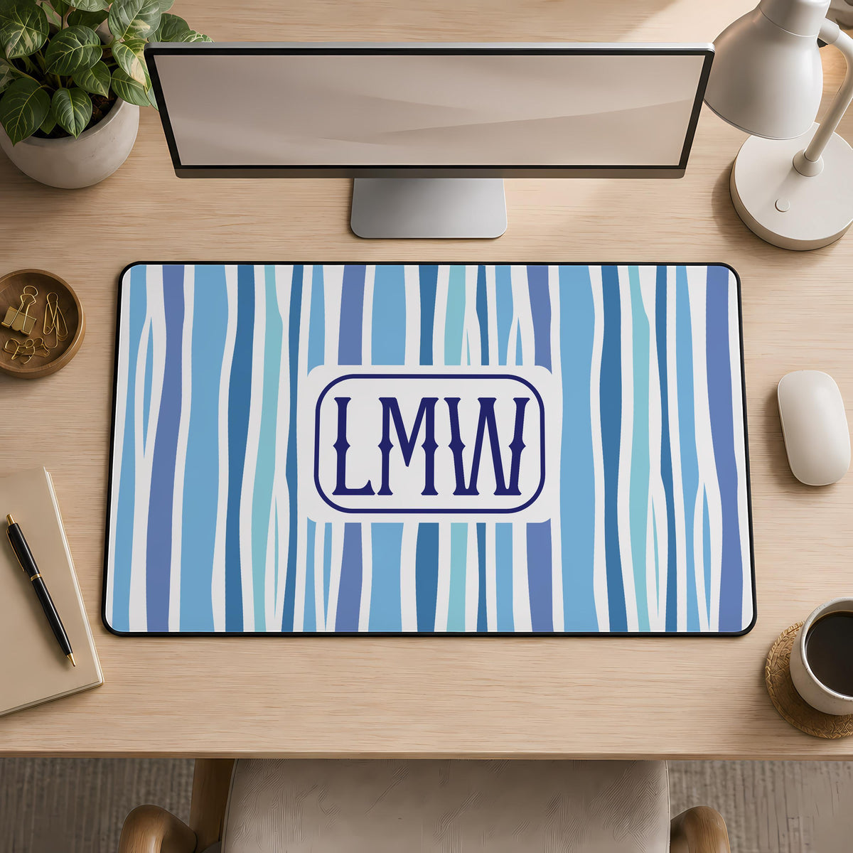 Personalized Monogram Desk Mat, Preppy Wavy Striped Mouse Pad