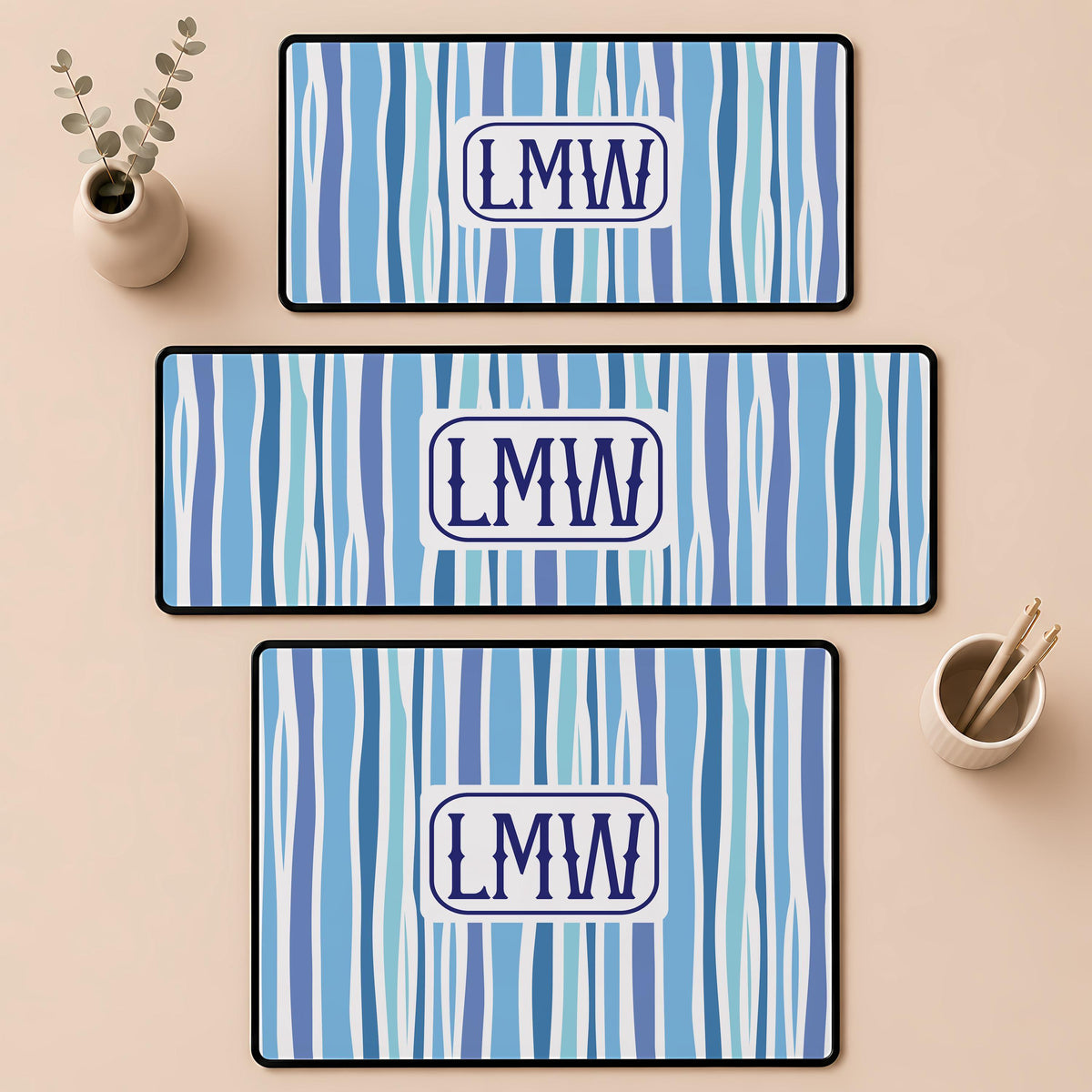 Personalized Monogram Desk Mat, Preppy Wavy Striped Mouse Pad