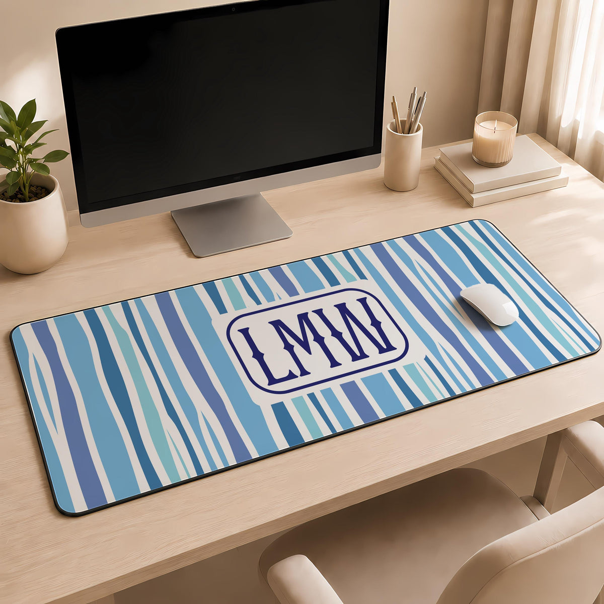 Personalized Monogram Desk Mat, Preppy Wavy Striped Mouse Pad