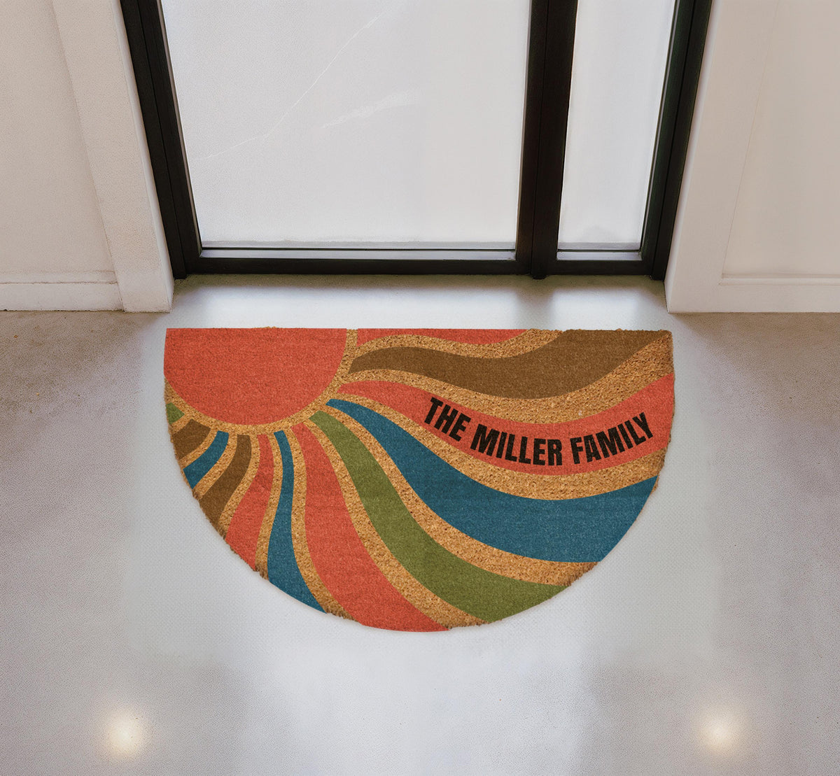 Custom Retro Sunburst Doormat, Boho Mid Century Welcome Mat, Personalized Family Name Porch Decor