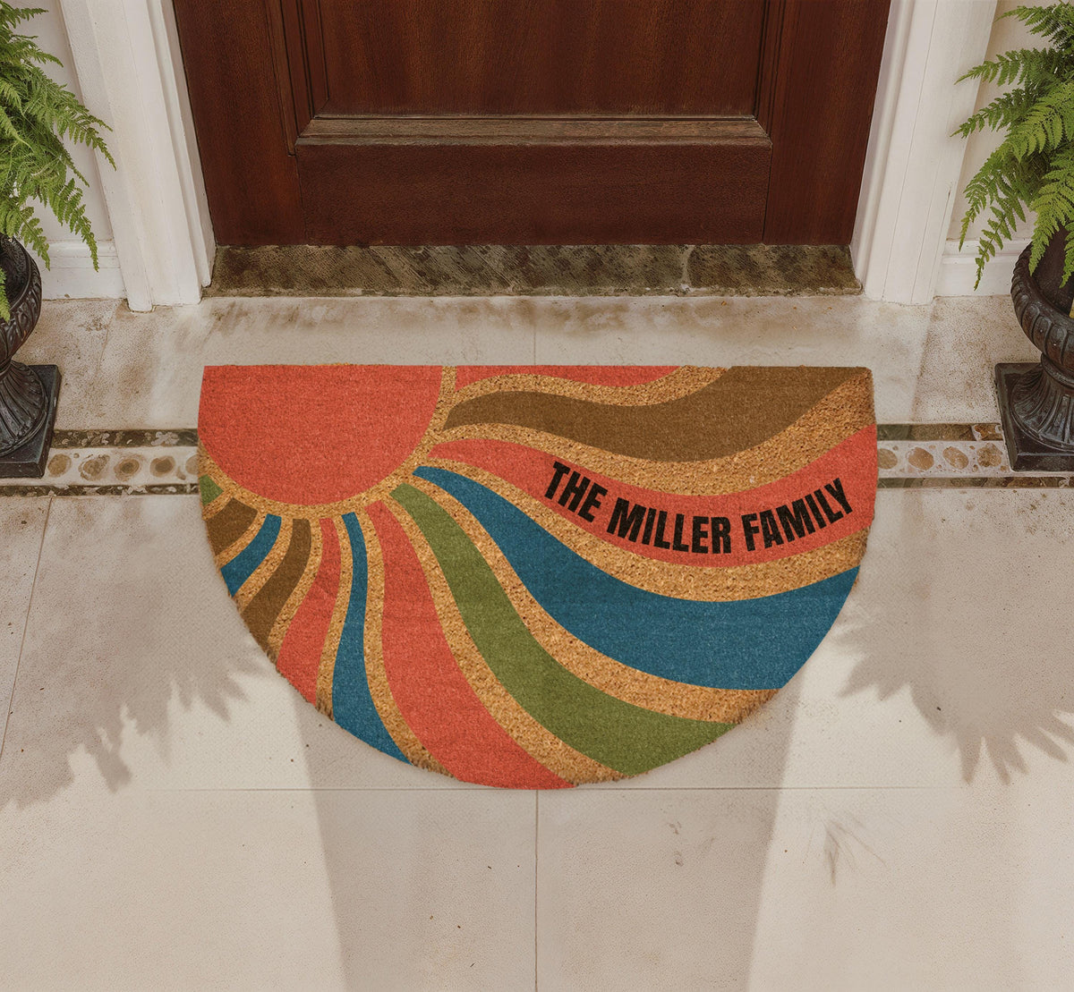 Custom Retro Sunburst Doormat, Boho Mid Century Welcome Mat, Personalized Family Name Porch Decor