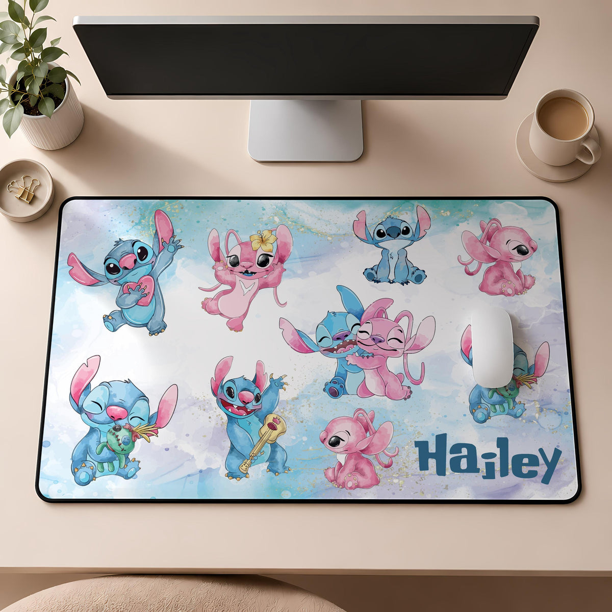 Custom Name Cute Pink and Blue Monster Desk Mat, Kids Room Mouse Pad