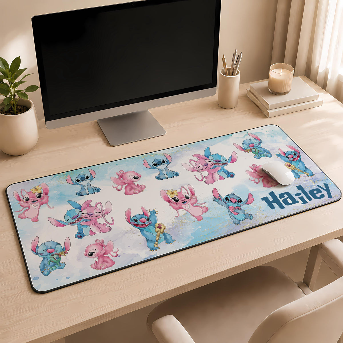 Custom Name Cute Pink and Blue Monster Desk Mat, Kids Room Mouse Pad